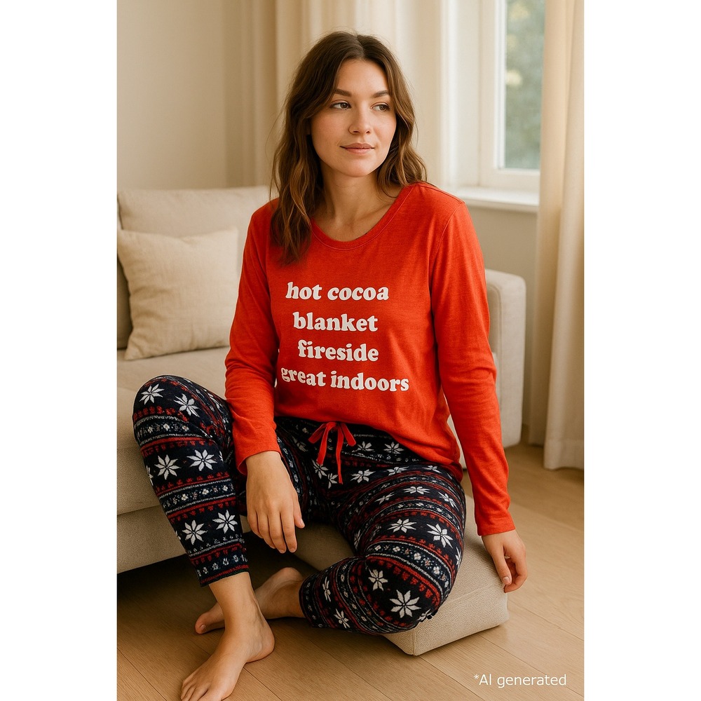 Cozy Zoe Womens Pajama Set Size S Orange‎ Black Long Sleeve Graphic Cozy Holiday